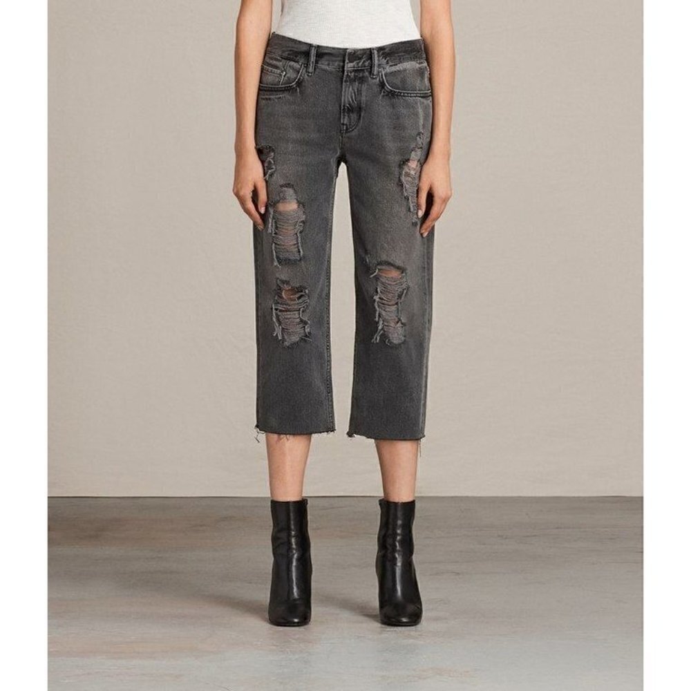 All Saints Ivy Destroy Boy Black Cropped Distressed Jeans‎ 25